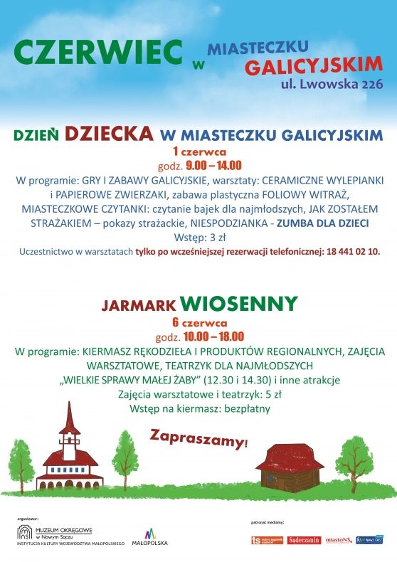 Plakat z informacjami o wydarzeniu, wokół graficzne elementy przedstawiające dwa budynki, drzewa, trawę i niebo.