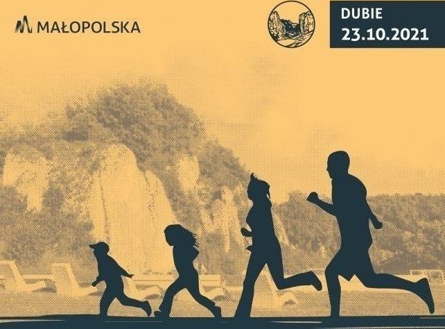Grafika przedstawia sylwetki biegaczy. Tekst na banerze: Funduszowe Biegi Rodzinne, Dubie 23.10.2021
