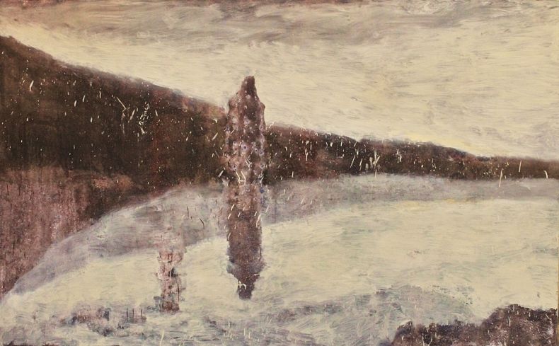 Obraz abstrakcyjny autorstwa słoweńskiego artysty Igora Banfiego, przedstawiający postać być może ludzką na tle horyzontu, obraz zachowany w ciepłej beżowo-brązowej tonacji