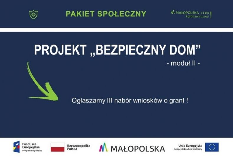 Grafika z nazwą projektu grantowego i informacjami o projekcie na granatowym tle