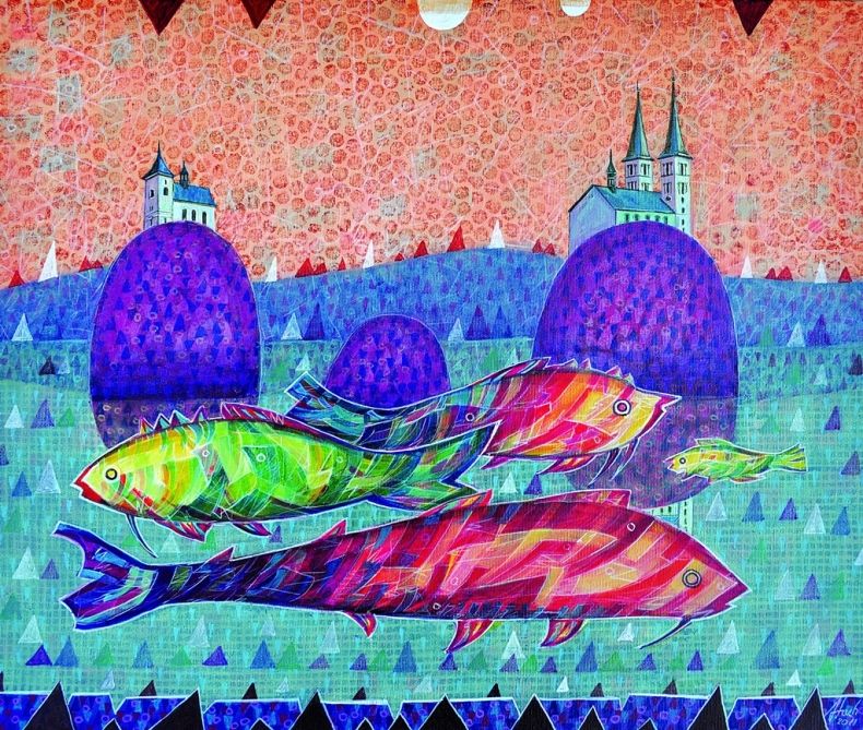 Obraz autorstwa Stanisława Stacha, przedstawiający trzy kolorowe ryby na pierwszym planie, na drugim trzy fantastyczne wyspy, na dwóch są zamki, obraz zachowany w stylu bajkowym