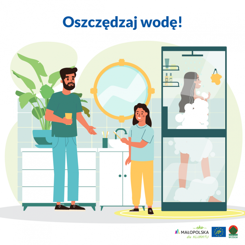 Infografika oszczędzaj wodę. Rodzina w łazience prezentuje dobre nawyki przy oszczędzaniu wody jak prysznic zamiast kąpieli, kubek przy myciu zębów