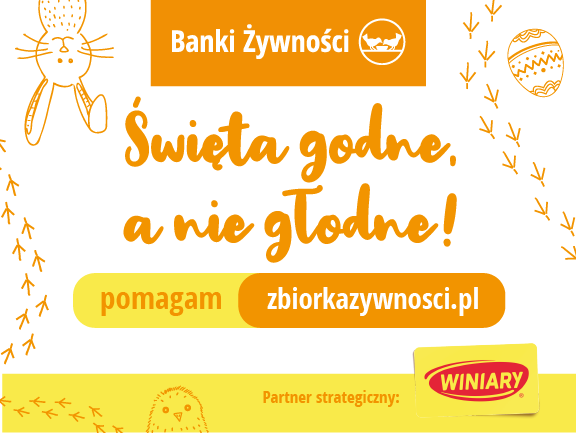 Grafika akcji. Rysunki zająców i jajek wielkanocnych oraz napis: Święta godne, a nie głodne