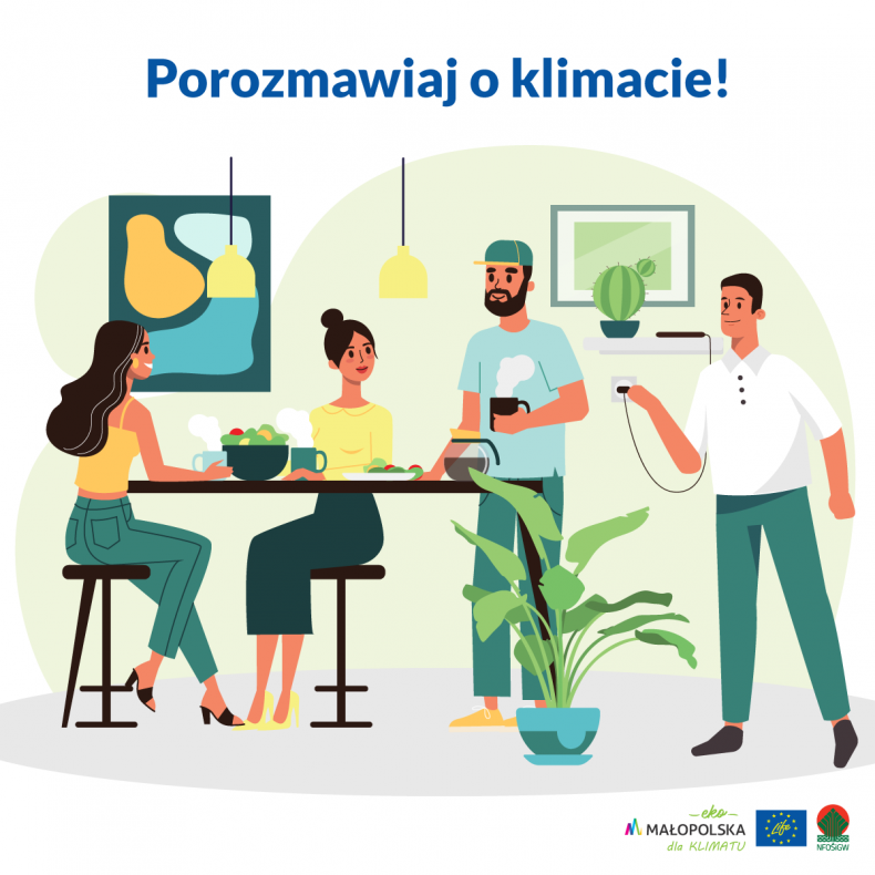 Infografika ilustrująca temat rozmów o klimacie. Grupa przyjaciół rozmawia przy stole, w tle zieleń