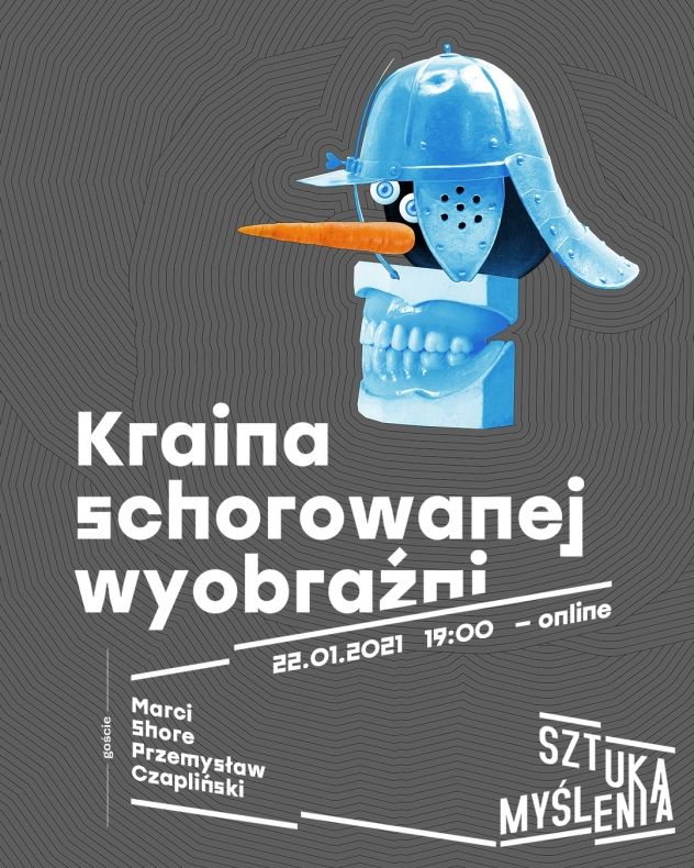 Na szarym tle białe napisy. grafika przypomina głowę złożoną z marchewki, durszlaka i sztucznej szczęki