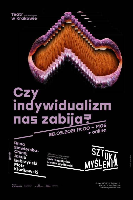 Plakat. Grafika. czarne tło. Fioletowe napisy.