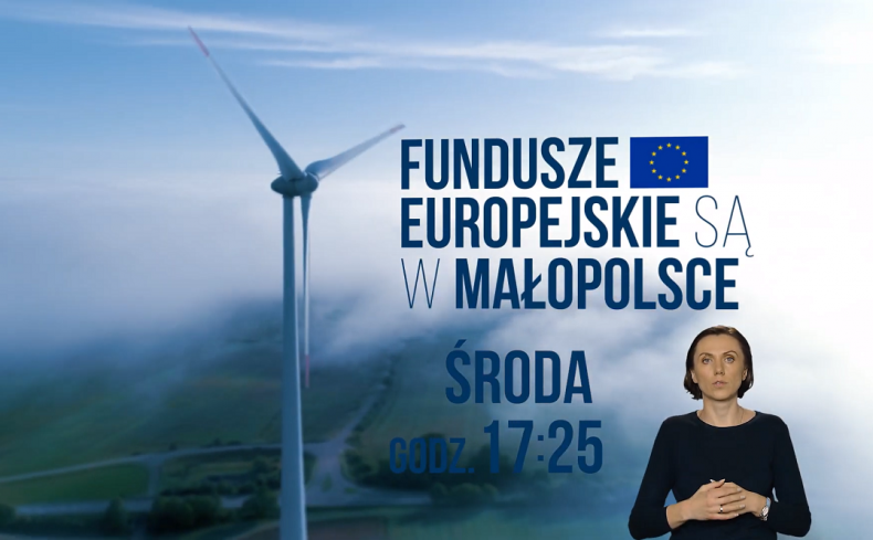 Grafika przedstawiająca wiatrak na tle zielonych pól oraz napis Fundusze Europejskie są w Małopolsce