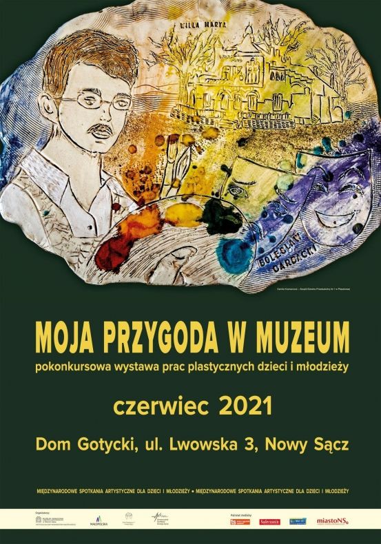 Plakat z informacjami o wystawie, w górnej części praca dziecięca z wizerunkiem Bolesława Barbackiego. 
