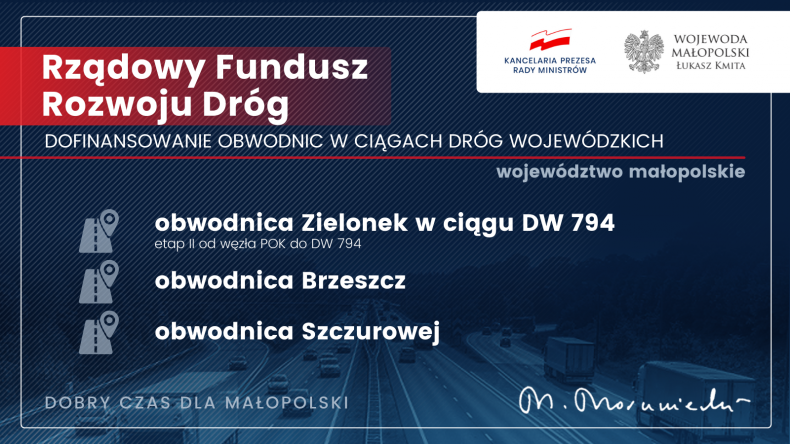 Plansza informacyjna wojewody małopolskiego. Dzięki rządowemu dofinansowaniu powstaną: obwodnica Zielonek w ciągu DW 794 - dofinansowanie 35 mln zł, obwodnica Brzeszcz - dofinansowanie 39,6 mln zł, obwodnica Szczurowej - dofinansowanie 35,4 mln zł