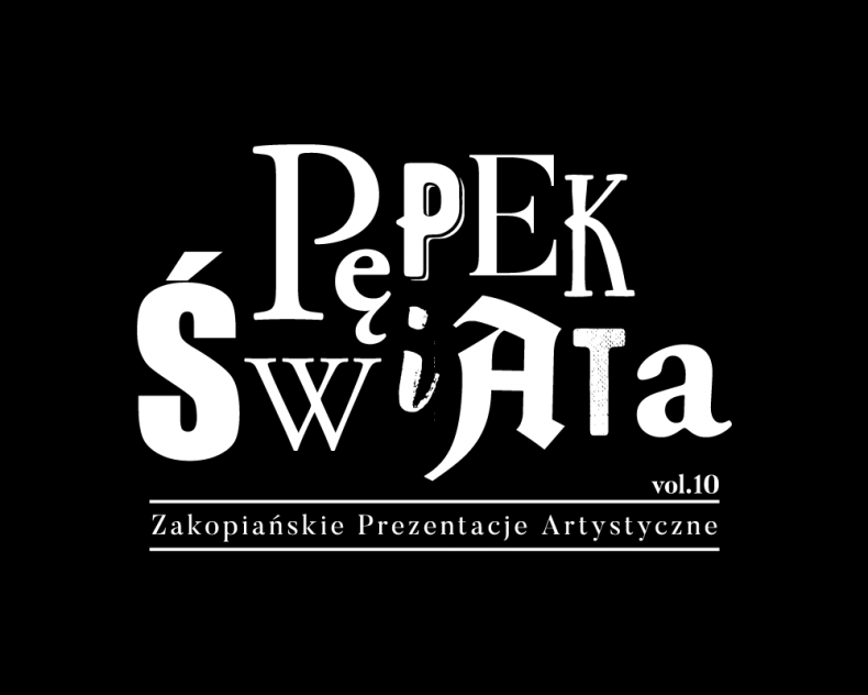 logo Zakopiańskich Prezentacji Artystycznych "Pępek Świata" - biały napis na czarnym tle.