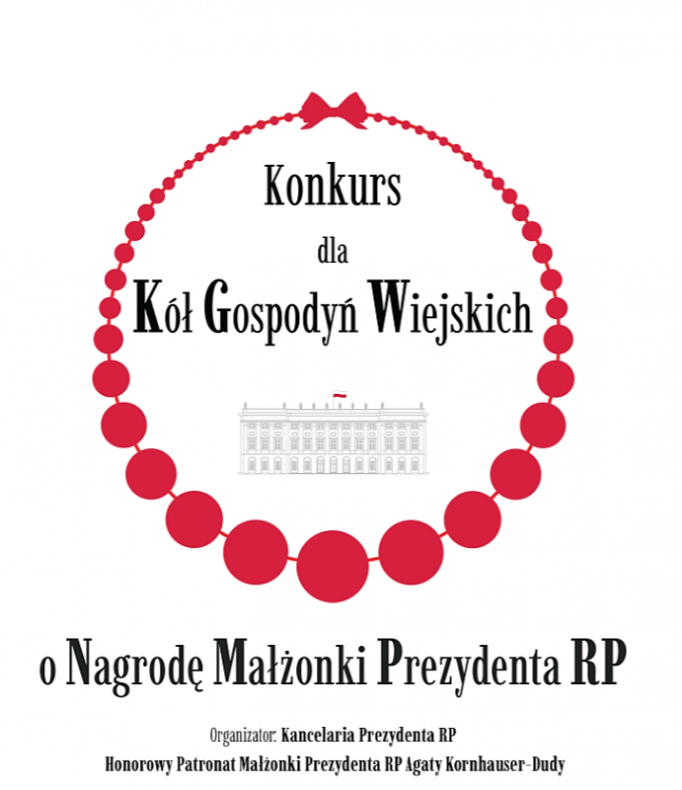 Plakat wydarzenia. Grafika czerwonych korali i napis Konkurs dla Kół Gospodyń Wiejskich o Nagrodę Małżonki Prezydenta RP