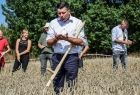 kosiarz plujący w dłonie przed rozpoczęciem koszenia