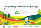Baner promujący akcję sprzątania Małopolski: ilustracja z terenami zielonymi, na których rysunkowe postacie sprzątają śmieci