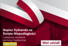 Plakat informacyjny z biało-czerwoną wstęgą po środku.