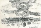 Rysunek abstrakcyjny, czarno - biały autorstwa Marka Kretowicza przedstawiający duży zawijas (spiralę)