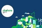 Grafika promocyjna plebiscytu eko-hero przedstawiająca zielone miasto na granatowym tle