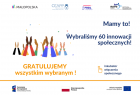 Infografika przedstawiająca klaszczące dłonie i napis "Mamy to! Wybraliśmy 60 innowacji społecznych!" oraz logotypami podmiotów odpowiedzialnych za realizację projektu oraz partnerów