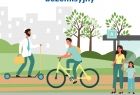 Grafika ilustrująca temat: ludzie na przystanku, rowerze i hulajnodze