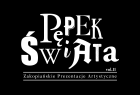 Logo Zakopiańskich Prezentacji Artystycznych "Pępek Świata". Biały graficzny napis "Pępek Świata" na czarnym tle, poniżej między dwoma cienkimi, białymi kreskami, mniejszą czcionką: Zakopiańskie Prezentacje Artystyczne.