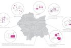 Kontury mapy Małopolski z graficzną prezentacją małopolskich specjalizacji poza obrysem mapy.