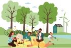 Grafika promocyjna akcji z ilustracją grupy osób w otoczeniu zieleni i napisem "Tydzień dla klimatu. Lato"