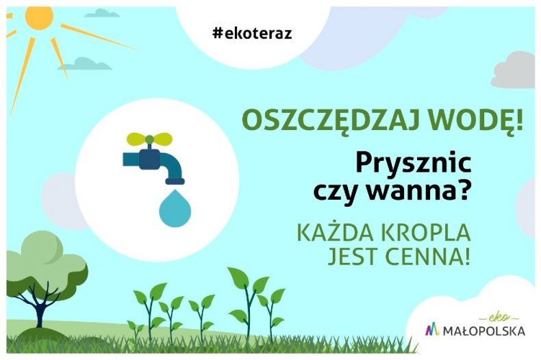 Grafika z symbolem kranu i napisem "Oszczędzaj wodę"