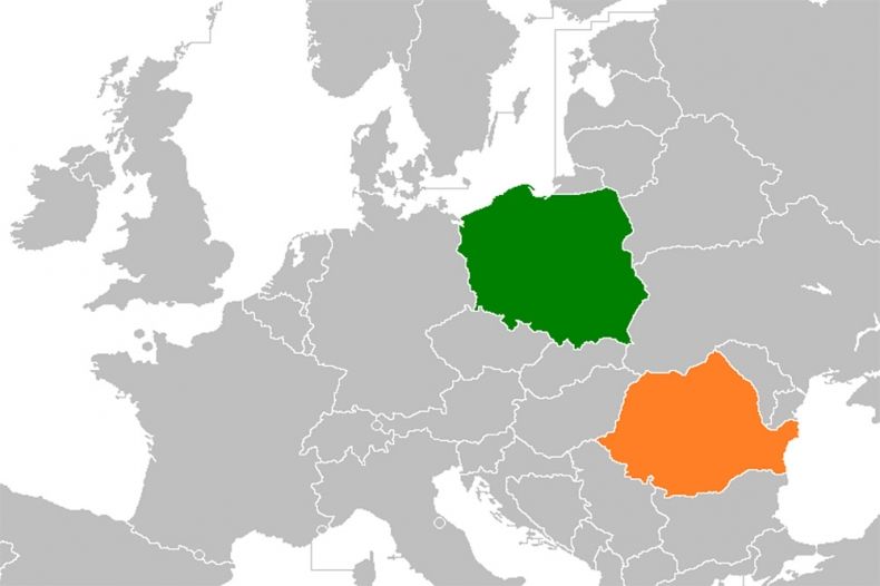 szra mapa europy z kolorową Polską i Rumunią
