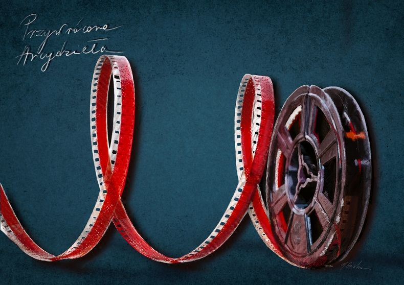 Na grafice rysunek przedstawiający rozwiniętą taśmę filmową w kolorze biało-czerwonym. Taśma rozwija się ze szpuli filmowej. Nad rysunkiem znajduję się biały napis z cieniem „Przywrócone Arcydzieła”. Tło jest ciemnoniebieskie.