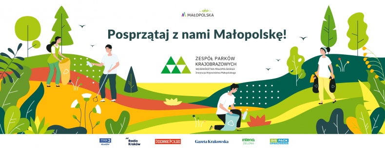 Baner promujący akcję sprzątania Małopolski: ilustracja z terenami zielonymi, na których rysunkowe postacie sprzątają śmieci