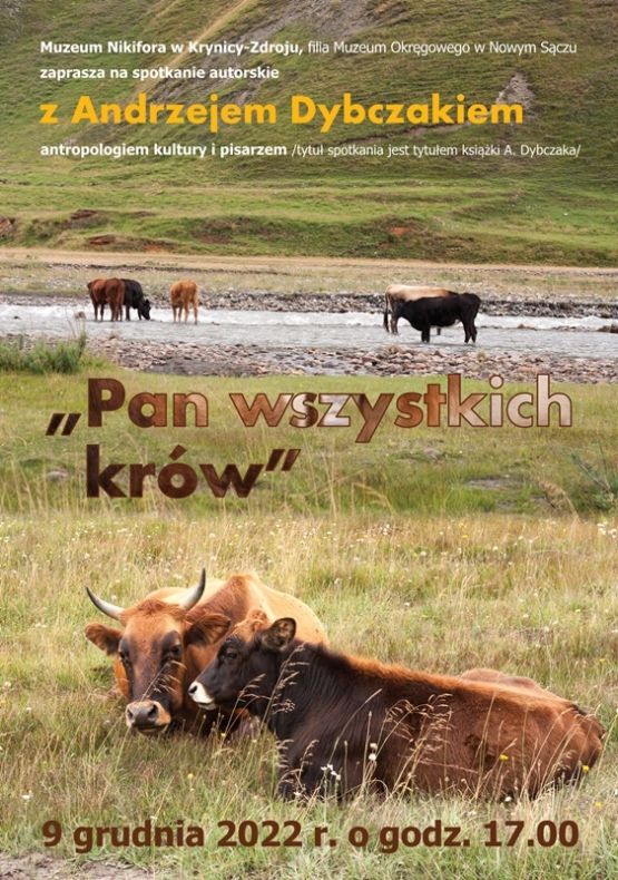 Grafika promująca spotkanie: na tle zdjęcia przedstawiającego krowę leżącą w trawie, w oddali, na drugim planie trzy krowy brodzące w wodzie.