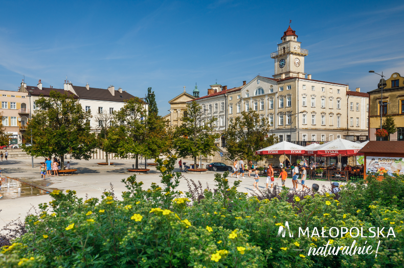 Stare miasto w Gorlicach. Widoczne zabytkowe budynki i zieleń.