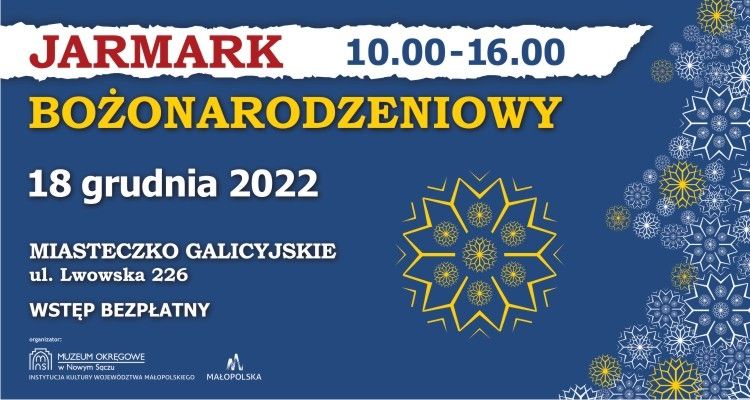 Informacje o wydarzeniu umieszczone na granatowym prostokątnym tle. Z prawej strony fragment choinki i śnieżki 