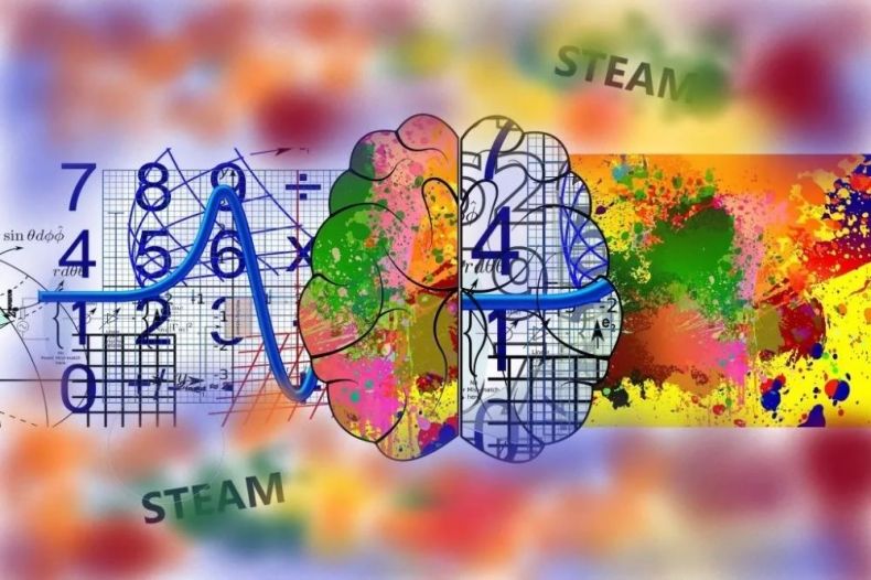 Plakat konferencji STEAM. Widoczny zarys ludzkiego mózgu, cyfry i napis STEAM.