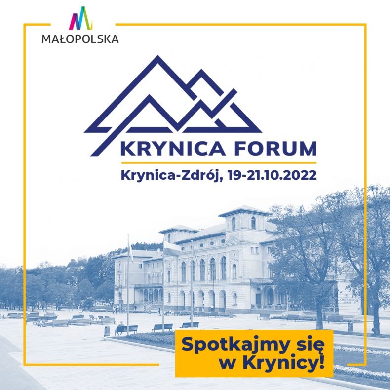 Napis Krynica Forum, Krynica Zdrój 19-21 października. W tle zdjęcie budynku pijalni głównej w Krynicy oraz poniżej napis Spotkajmy się w Krynicy