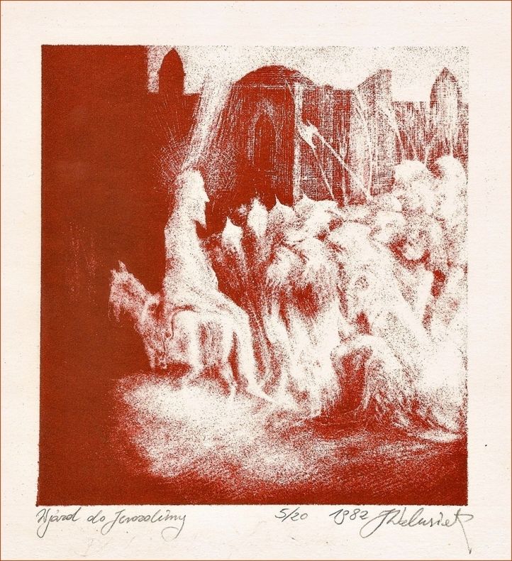 Litografia autorstwa Jacka Walusiaka przedstawiająca Wjazd do Jerozolimy, litografia wykonana w tonacji czerwonych barw