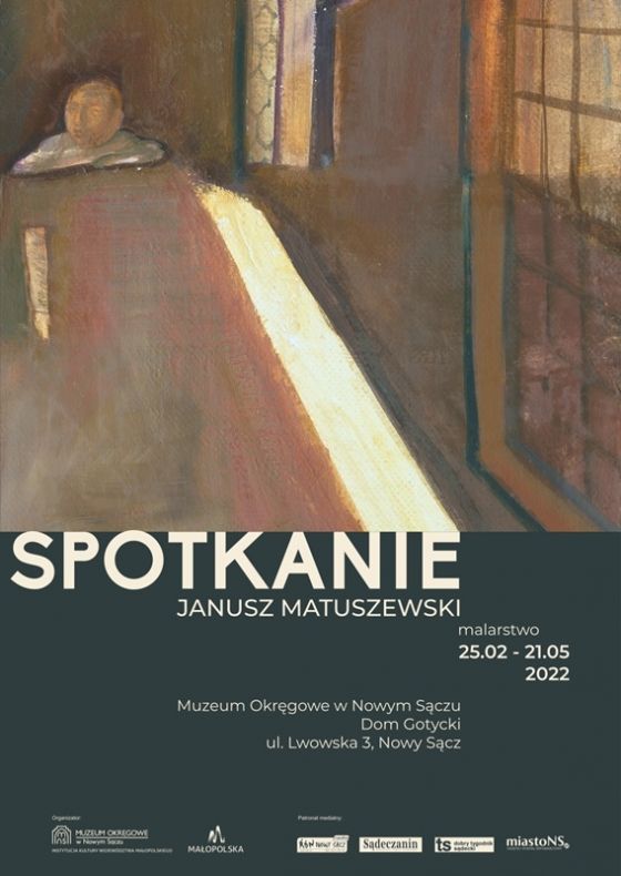 Plakat z informacją o wystawie. W górnej części plakatu obraz, przedstawiający postać siedzącą przy stole, z łokciami opartymi na blacie. W pomieszczeniu znajdują się dwa okna.