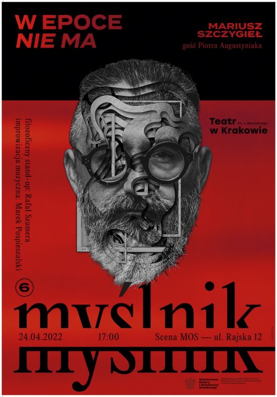 czarno-czerwona grafika. Czarny napis myślnik. Obok głowa mężczyzny w okularach.