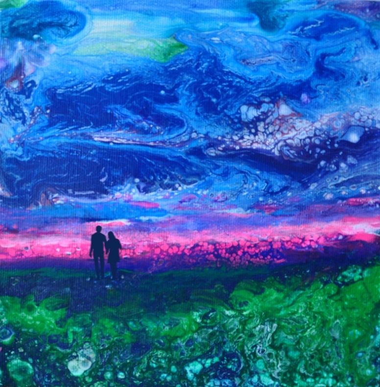 Obraz autorstwa Dominiki Paczkowskiej przedstawiający pejzaż z zachodem słońca i zarys dwóch postaci, być może zakochanych