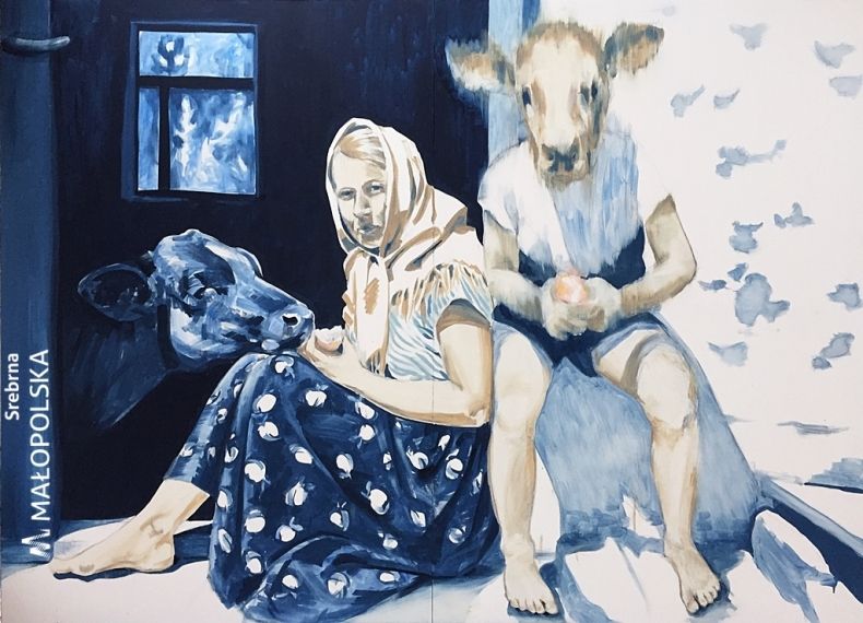 Obraz autorstwa Marii Strzeleckiej przedstawia kobietę siedzącą a obok niej postać ludzka z krowia głową