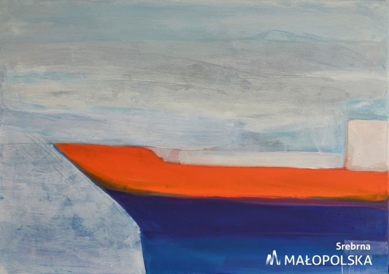 Obraz przedstawiający kawałek łodzi koloru niebiesko-pomarańczowego - autor Sławomir Nitendel
