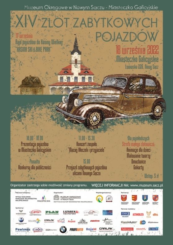 Plakat z informacjami o wydarzeniu, środkiem grafika przedstawiająca budynek ratusza w Miasteczku Galicyjskim na jago tle stary zabytkowy samochód. 