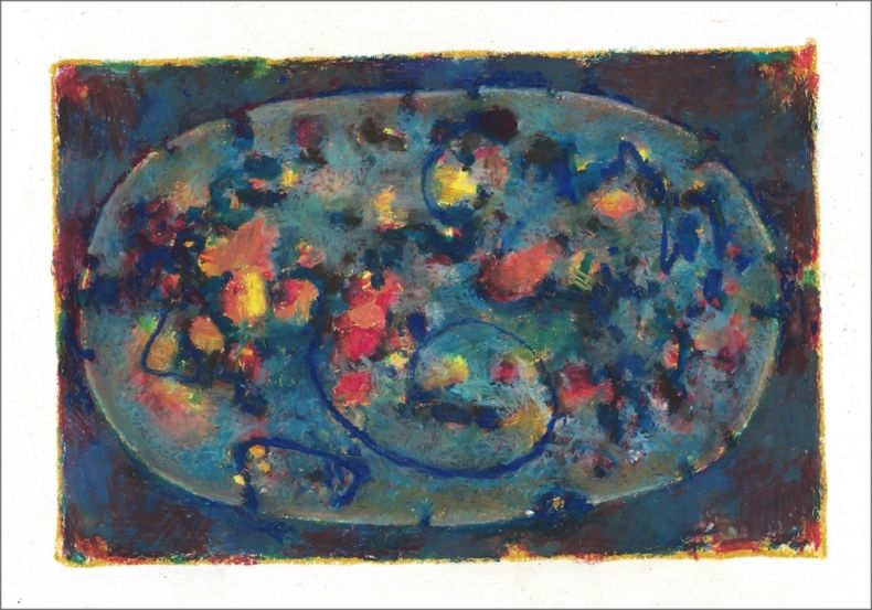 Pastel abstrakcyjny autorstwa Franciszka Kafla przedstawiający owal a w nim mnóstwo kolorowych plam