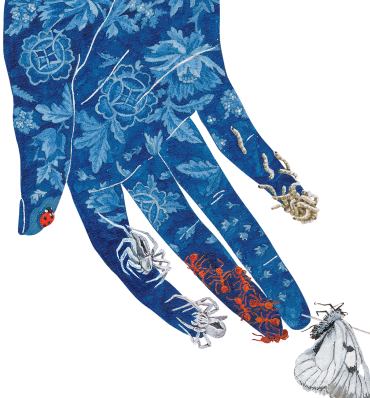 Niebieska dłoń w kwiaty, na palcach siedzą motyle, biedronka, mrówki