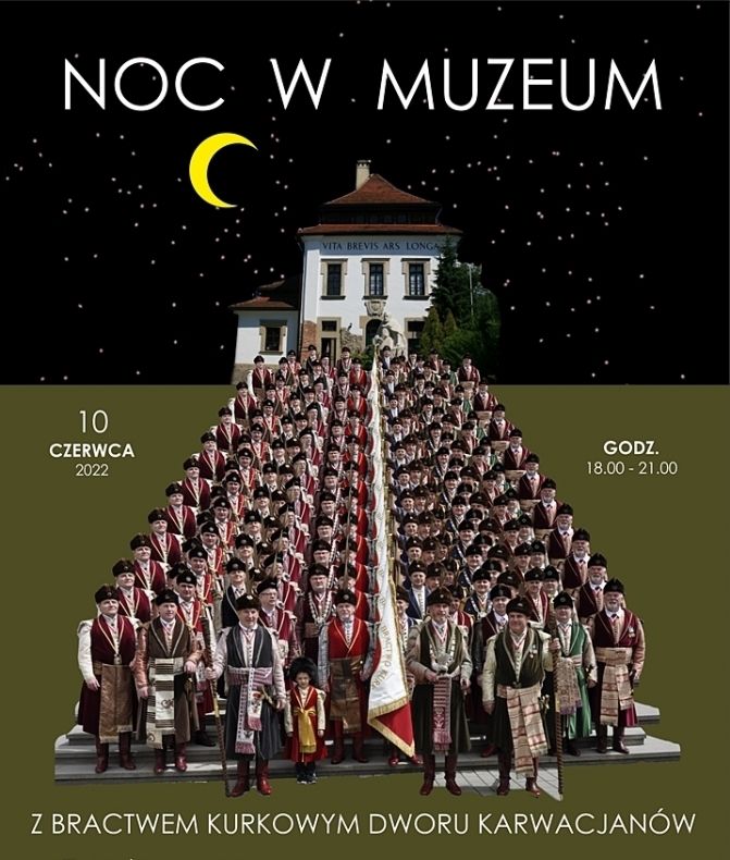Na grafice Dwór Karwacjanów w Gorlicach a przed nim w wielu szeregach Bracia Kurkowi