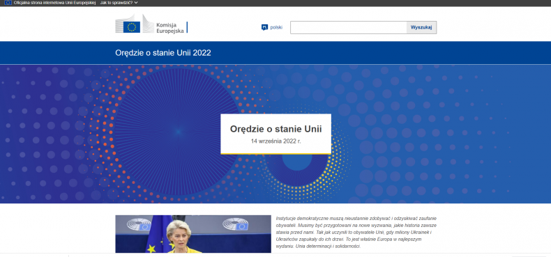 Orędzie o stanie UE, 14 września 2022 r. Napis na niebieskim, cieniowanym tle. 