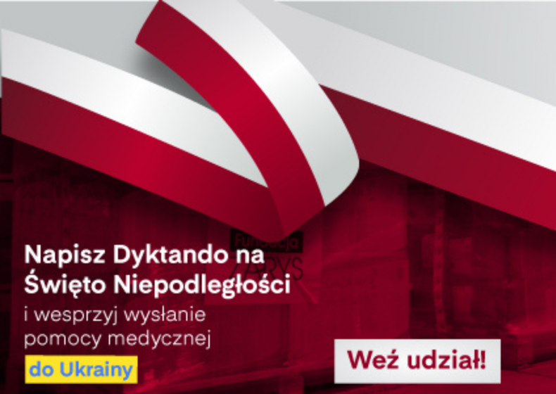 Plakat informacyjny z biało-czerwoną wstęgą po środku.