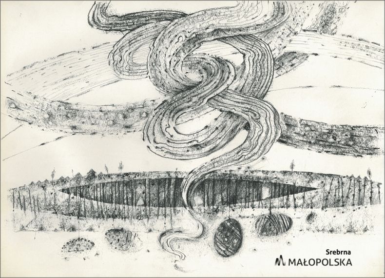 Rysunek abstrakcyjny, czarno - biały autorstwa Marka Kretowicza przedstawiający duży zawijas (spiralę)