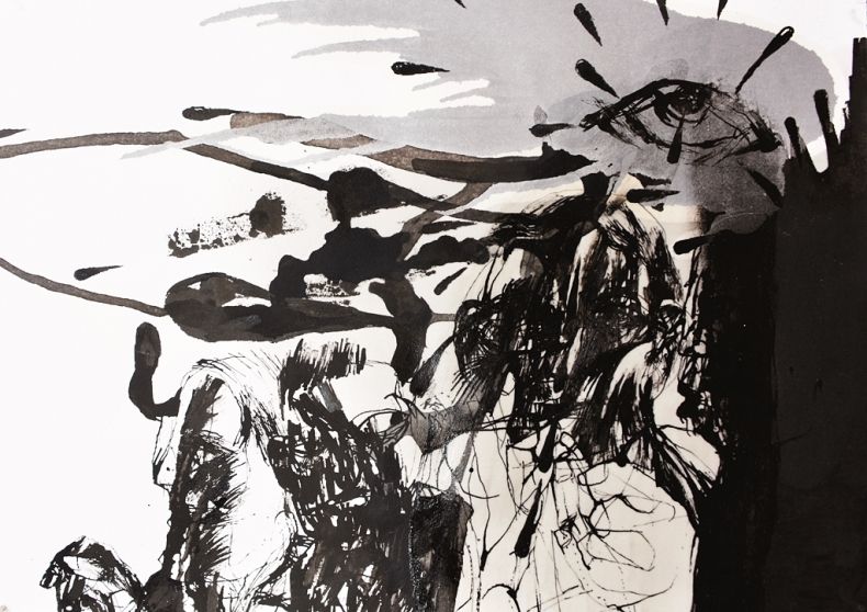 Rysunek czarno biały autorstwa Mateusza Otręby pod tytułem Oko sprawiedliwości.
