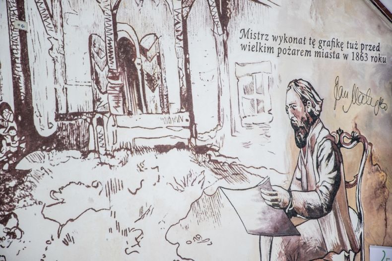 Zbliżenie na podobiznę Jana Matejki po prawej stronie muralu