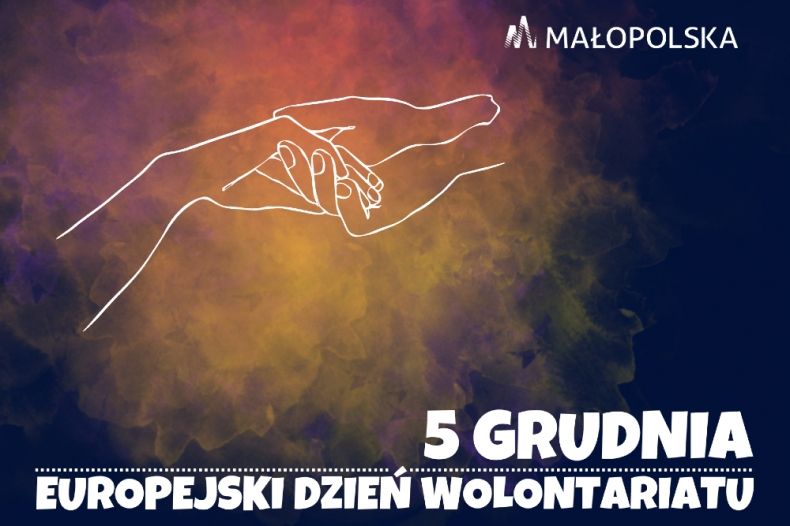 Grafika przedstawiająca stykające się dłonie oraz napis "5 grudnia Europejski Dzień Wolontariatu"
